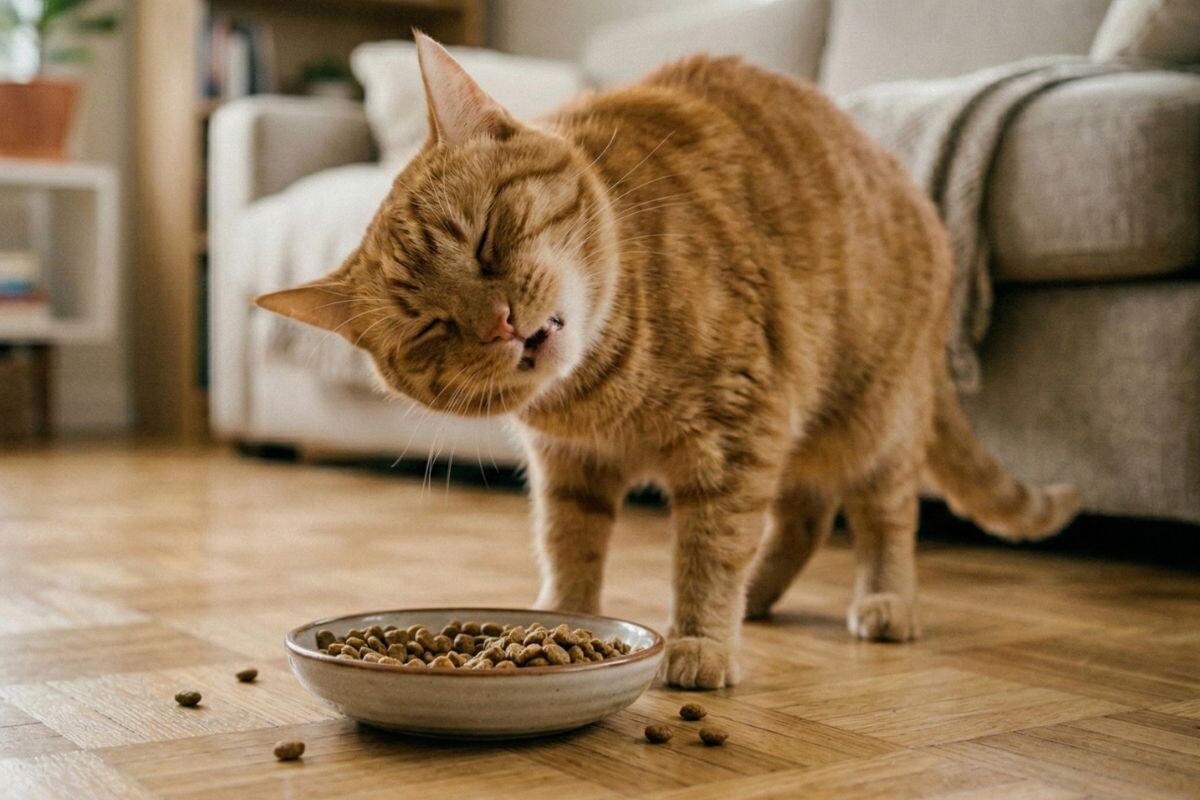 Кот трясёт головой, когда ест