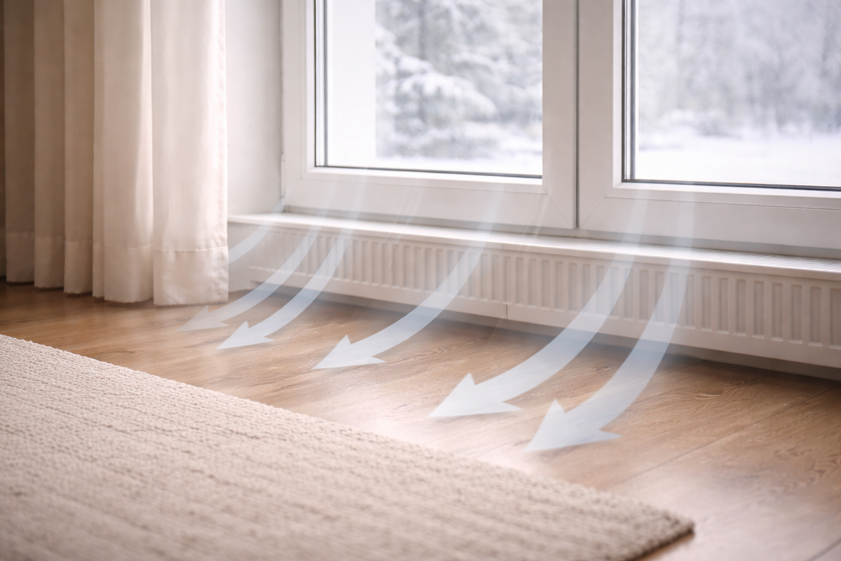 У холодного стекла воздух быстро остывает, становится тяжелее и “стекает” вниз — дальше он тонким слоем расползается по полу. Радиатор должен перехватывать этот поток и поднимать его вверх; если конвекция слабая/перекрыта — появляется эффект «тянет по полу».