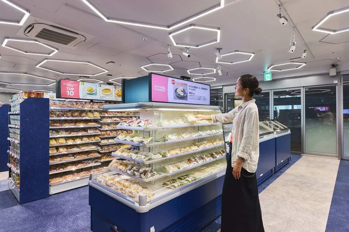 В пилотном магазине Lawson в районе Минато в Токио цифровые табло в режиме реального времени рекомендуют сопутствующие товары. | LAWSON