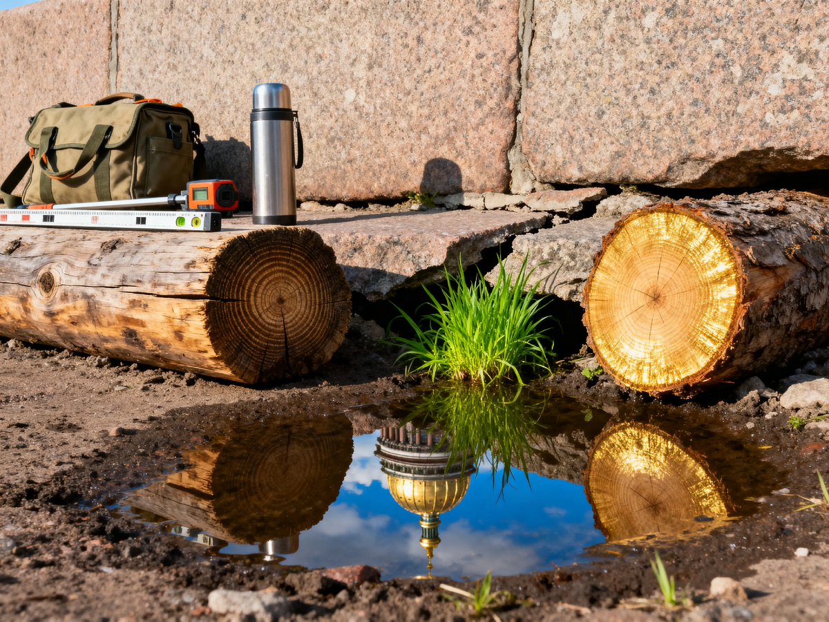 Трава пробивается сквозь гранит, а под ним — деревянные сваи, что вбивали ещё при Петре. Стоят, держат. Пока вода есть. А мы ходим сверху и даже не думаем, сколько там, внизу, труда и жизней. Вечная память тем, кто забивал. 🌱🧱