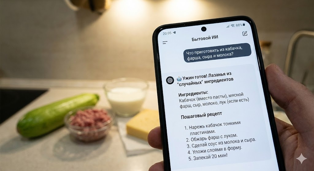 ИИ предлагает рецепт лазаньи из «случайных» ингредиентов.