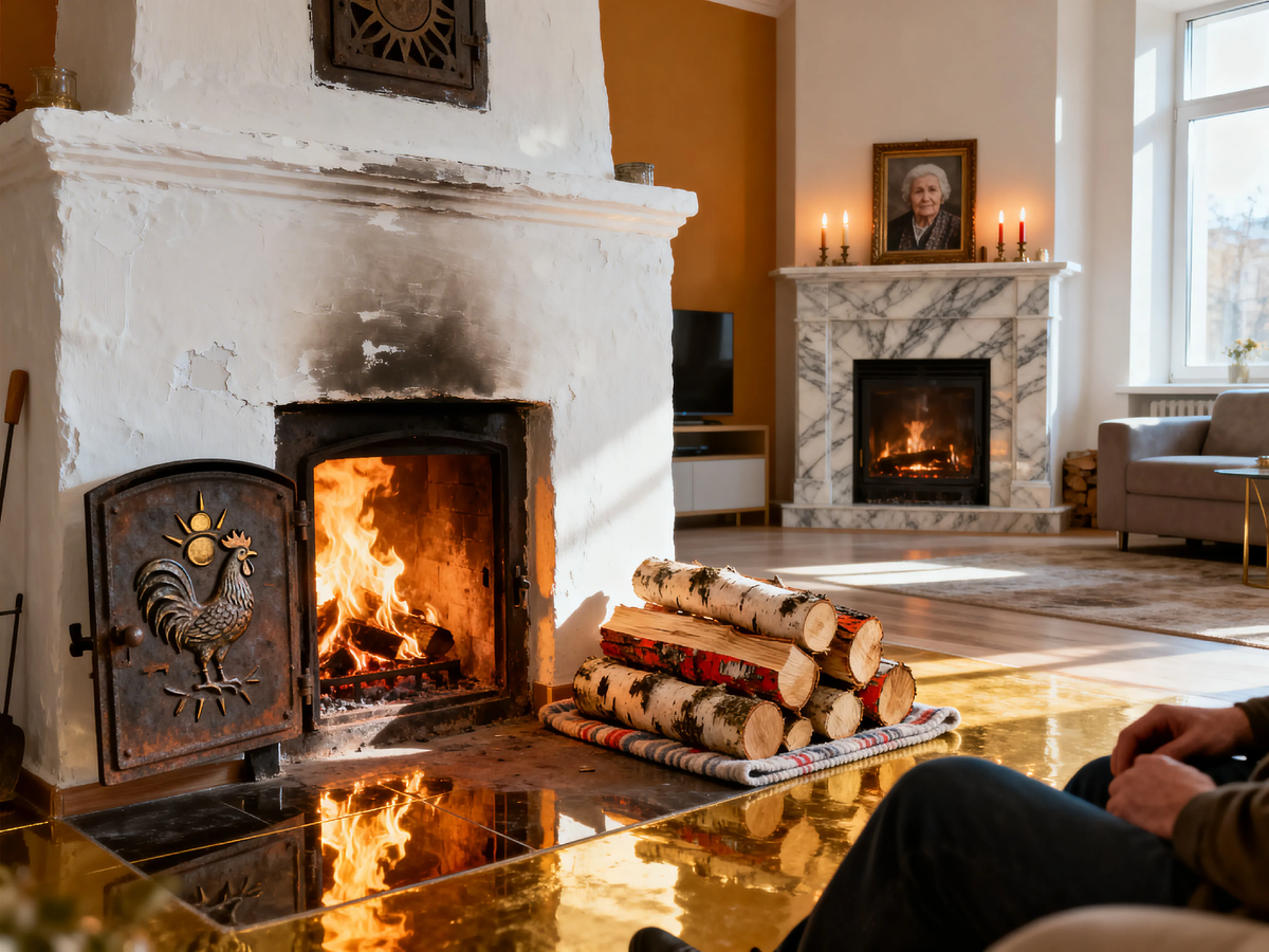 От чугунной заслонки до мраморного портала. Огонь переехал из центра избы к стене, а теперь снова хочет в центр. Электрический, правда. Но всё равно греет. Или кажется, что греет? 😏🔥✨

