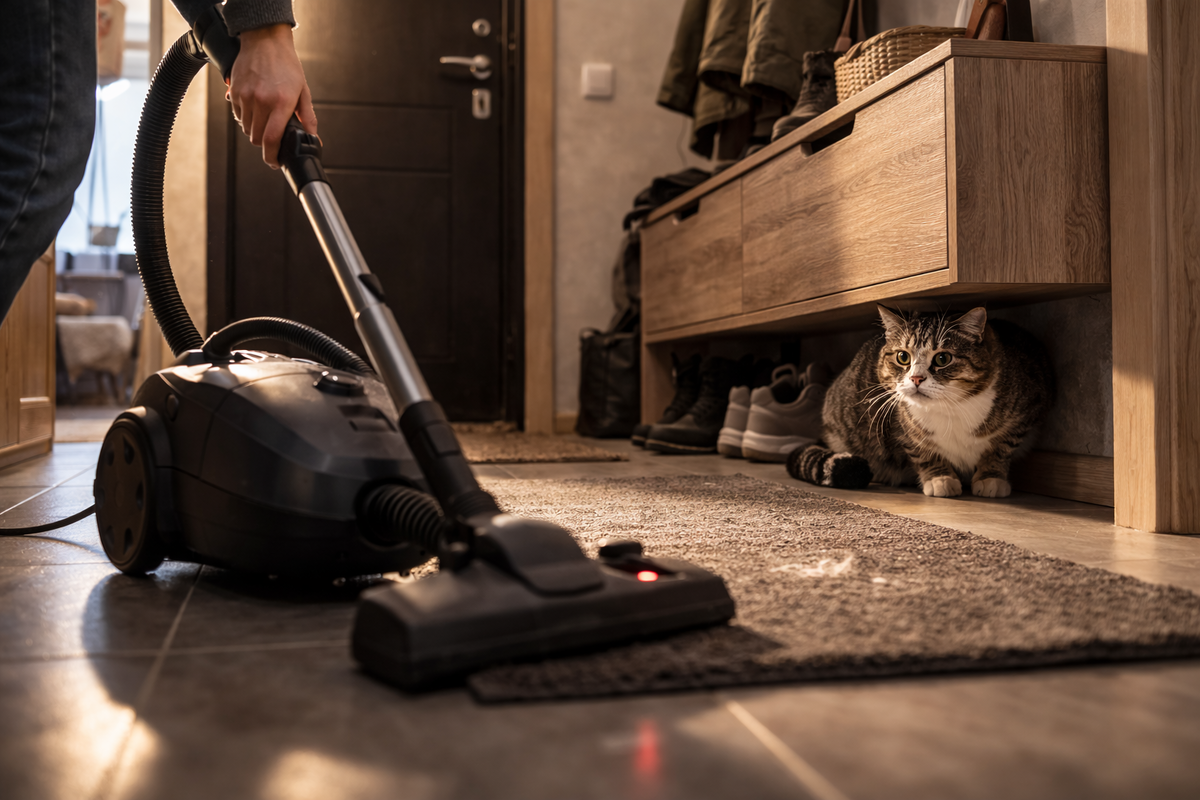 Кошка прячется в прихожей, пока вокруг шумно