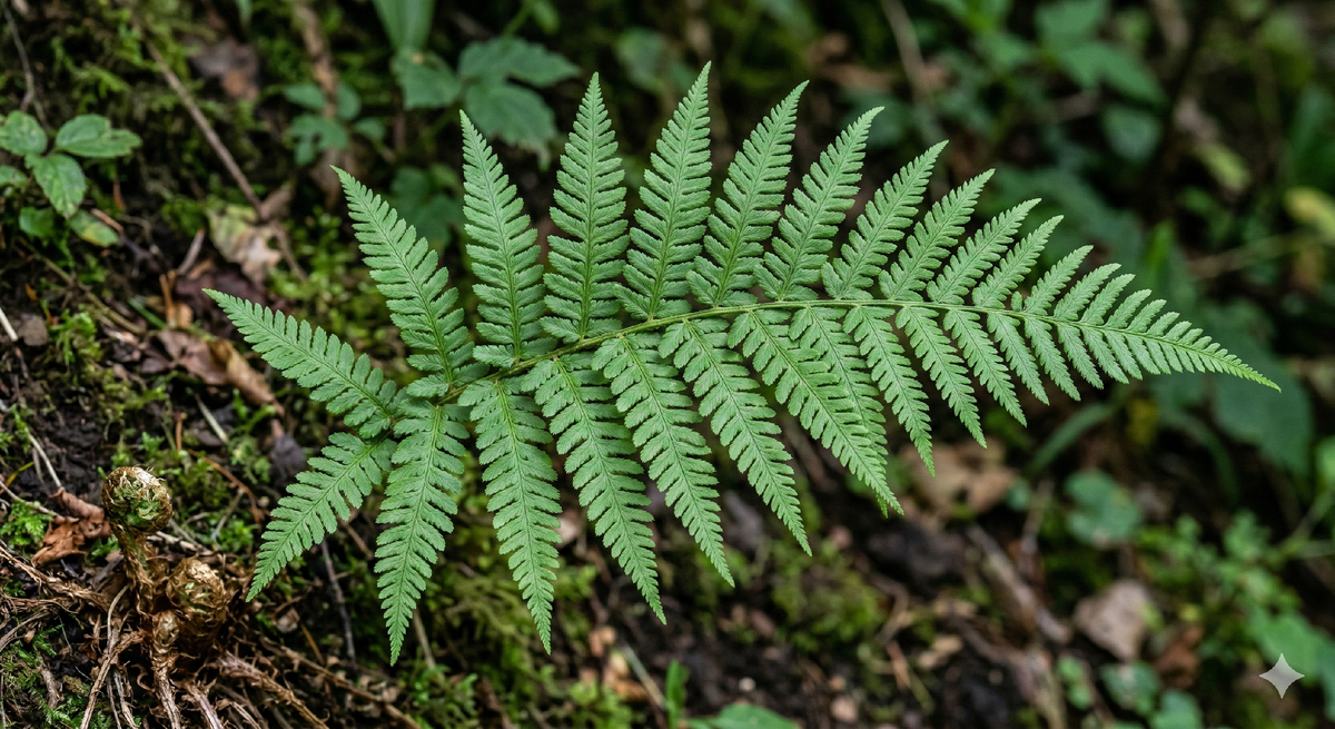 Лист папоротника отличный пример фрактальности, где мелкие элементы повторяют форму целого.