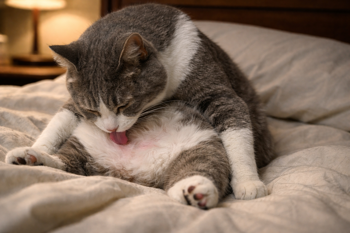 Зацикленное умывание, шерсть мокрая, коту трудно переключиться.