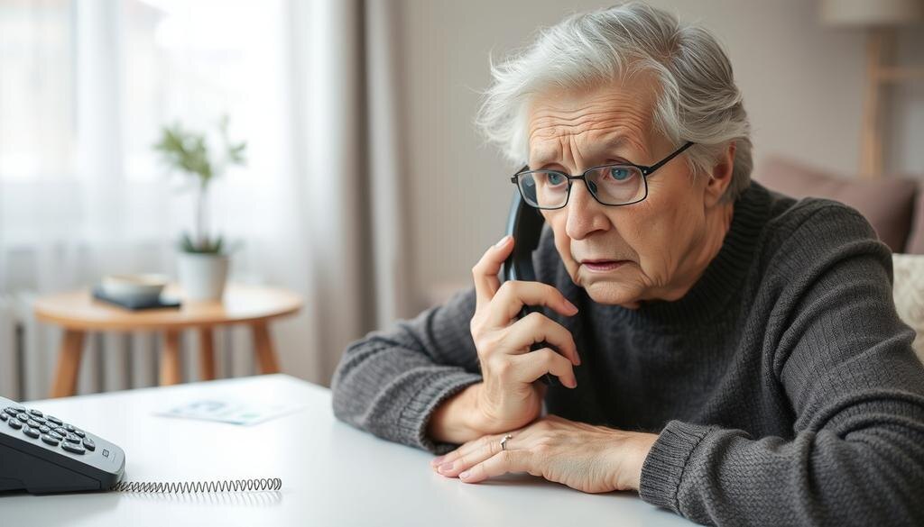    Пожилой человек, обеспокоенно слушая телефонный звонок в домашней обстановке с видимыми счетами.