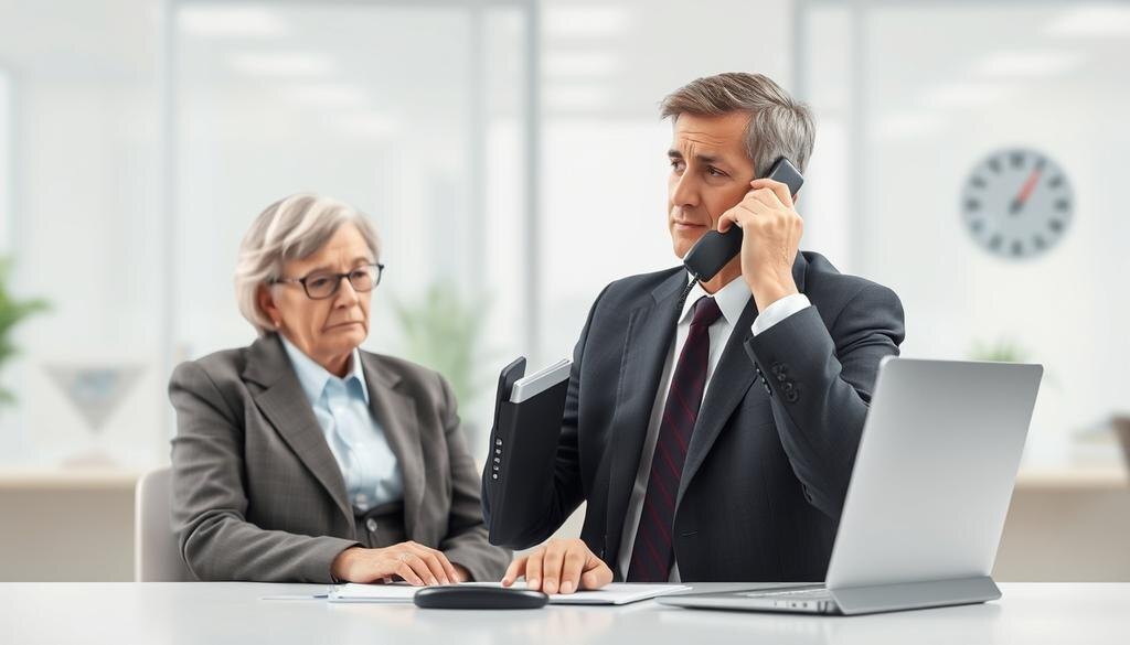    Мошенник в деловом костюме разговаривает по телефону, а пожилой человек в недоумении слушает его.