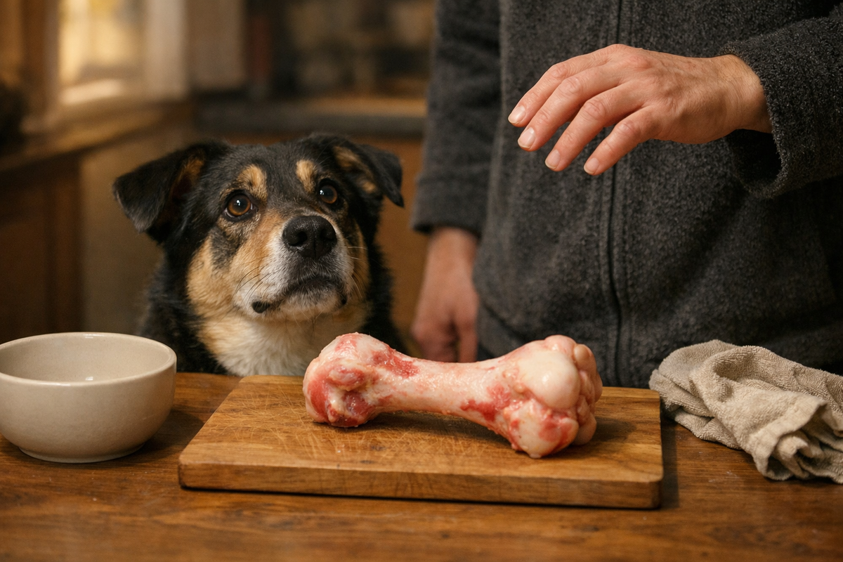 Собака у стола смотрит на кость, а рука хозяина медлит с решением.