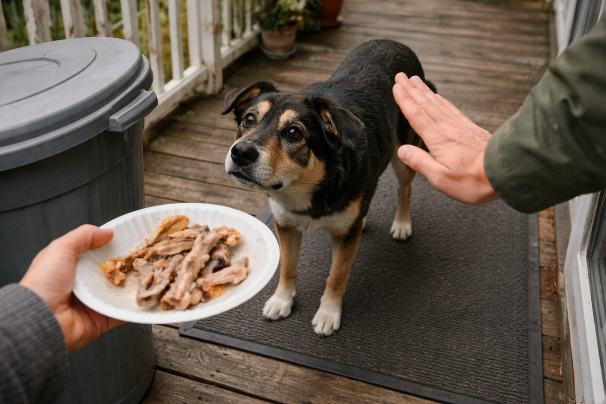 Собака тянется к костям от ужина.
