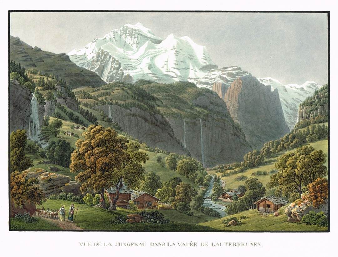 «Вид на Юнгфрау в долине Лаутербруннен» (Vue de la Jungfrau dans la vallée de Lauterbrunnen). Рисунок: Габриэль Лори-младший, Гравер: Иоганн Хюрлиманн. Около 1822 г.