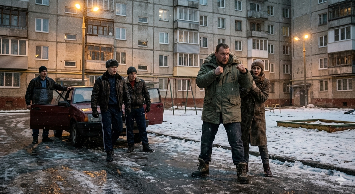 Драматичная сцена из 90-х: боксер защищает жену от бандитов у бордовой девятки в промышленном районе Челябинска.