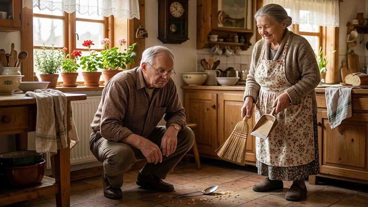 Проектный менеджер на кухне: Иван анализирует падение ложки, а Мария готовится навести порядок. Бытовая сцена, полная нежности и доброй иронии.