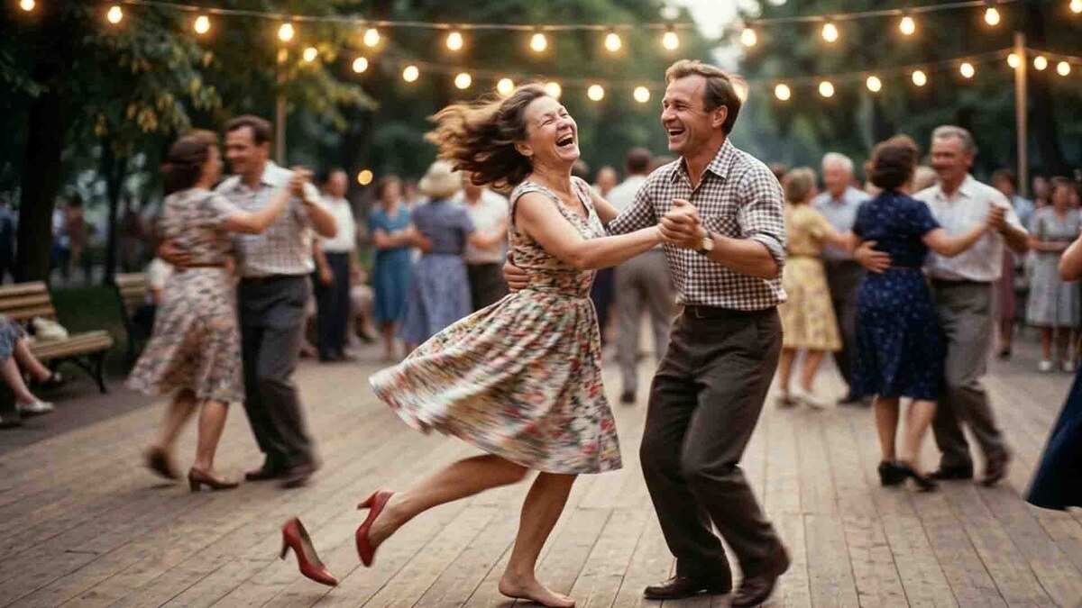 Назад в 70-е: Энергичный вальс в парке, улетающая туфелька и искренний смех. Ретро-кадр, пропитанный солнцем и радостью.