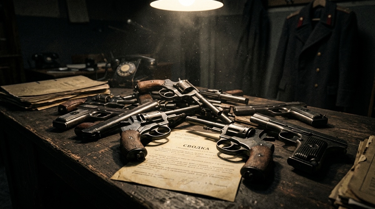  Изъятое трофейное оружие на столе следователя уголовного розыска, 1945 год.