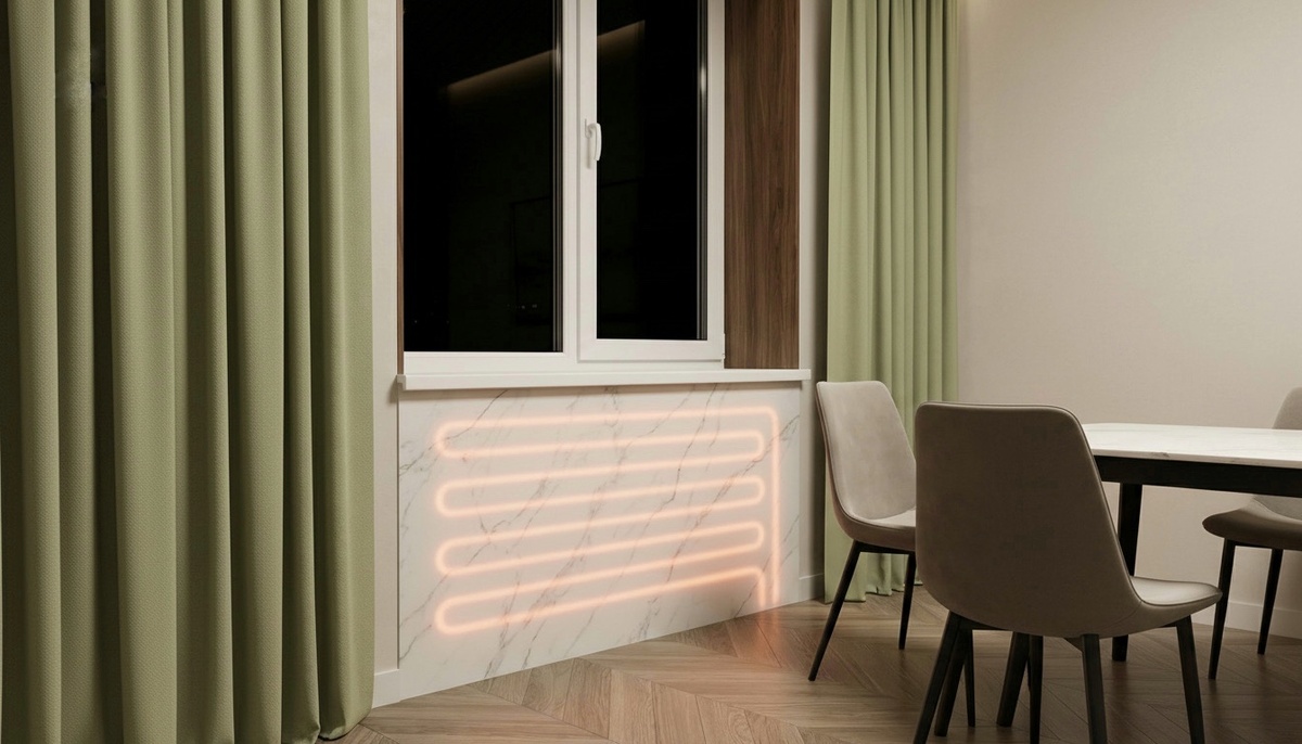 Нет радиаторов отопления которые портят вид при открытых шторах, зато внешний вид стал лучше.