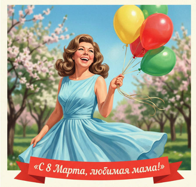 Нежная открытка для мамы к 8 Марта — пример персонального дизайна с весенним светом