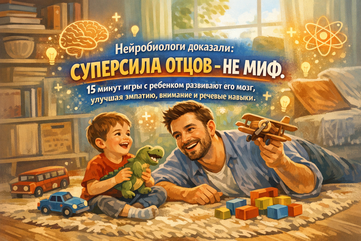 Всего 15 минут игры с папой творят чудеса: нейрофизиологи подтверждают, что это развивает эмпатию, концентрацию и речь ребенка, буквально «прокладывая» нужные связи в его мозге.