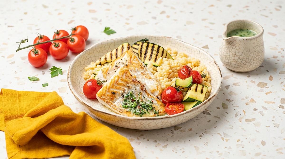 Треска с птитимом и базиликовым айоли