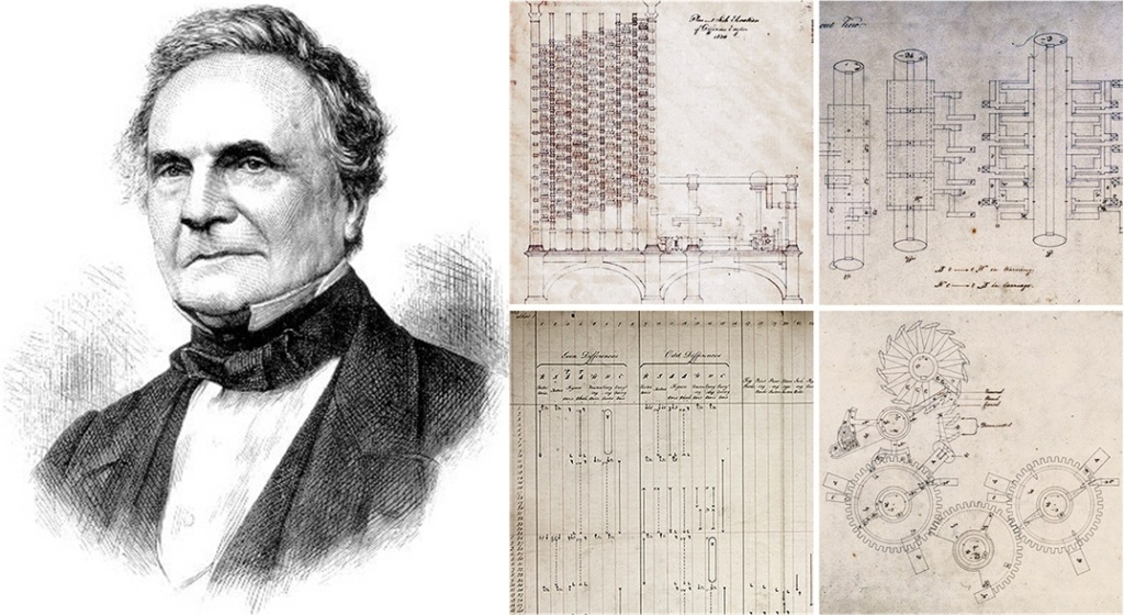 Чарльз Бэббидж (1791-1871) рисунок из Википедии. Схемы Difference Engine No.1 нарисованные Бэббиджем изображение с сайта https://writings.stephenwolfram.com/2015/12/untangling-the-tale-of-ada-lovelace/