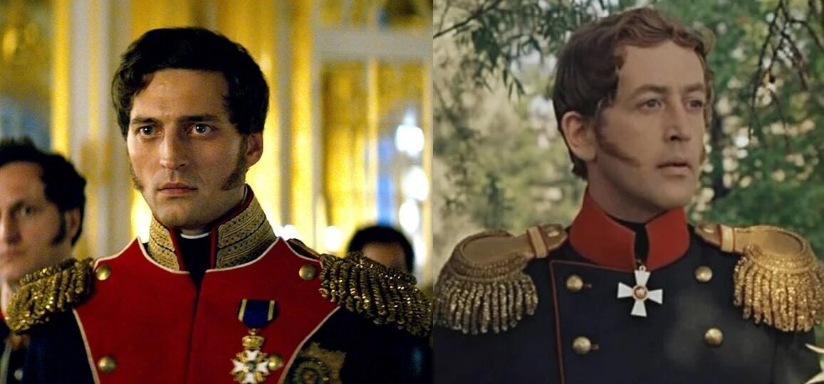 В советском и российском кинематографе создано несколько противоположных «образов» Николая I (справа — из фильма «Звезда пленительного счастья» (актер Василий Ливанов) , слева — из фильма «Союз спасения» (актер Иван Колесников))