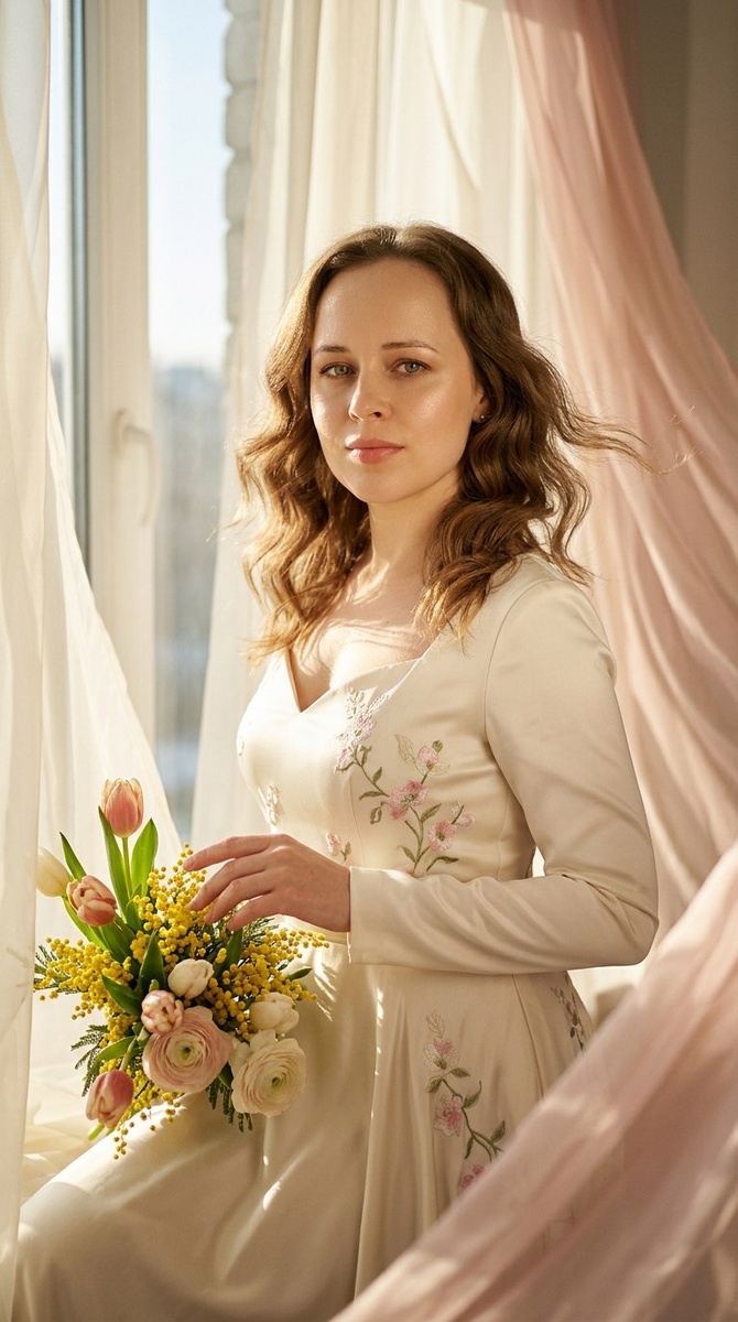 Работа сделана в Nano Banana 2. Платье нейросеть взяла из исходника.