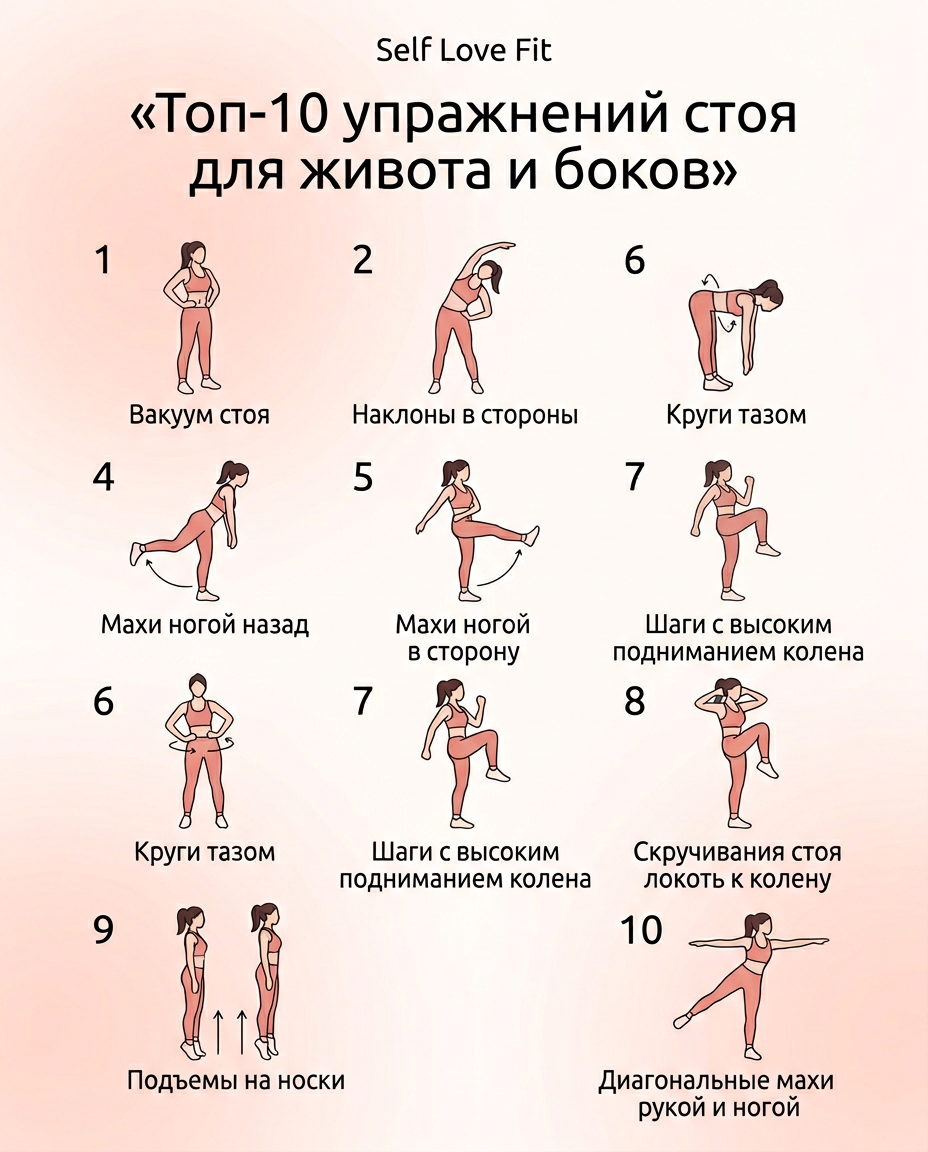 Твоя шпаргалка: 10 упражнений стоя для подтяжки талии за 15 минут