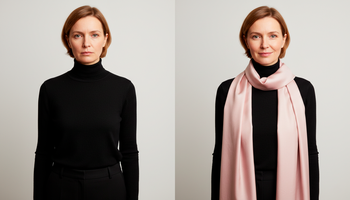 Весь чёрный у лица отбирает свежесть. Добавьте что-то мягкое рядом с лицом: шарф, палантин, платок.