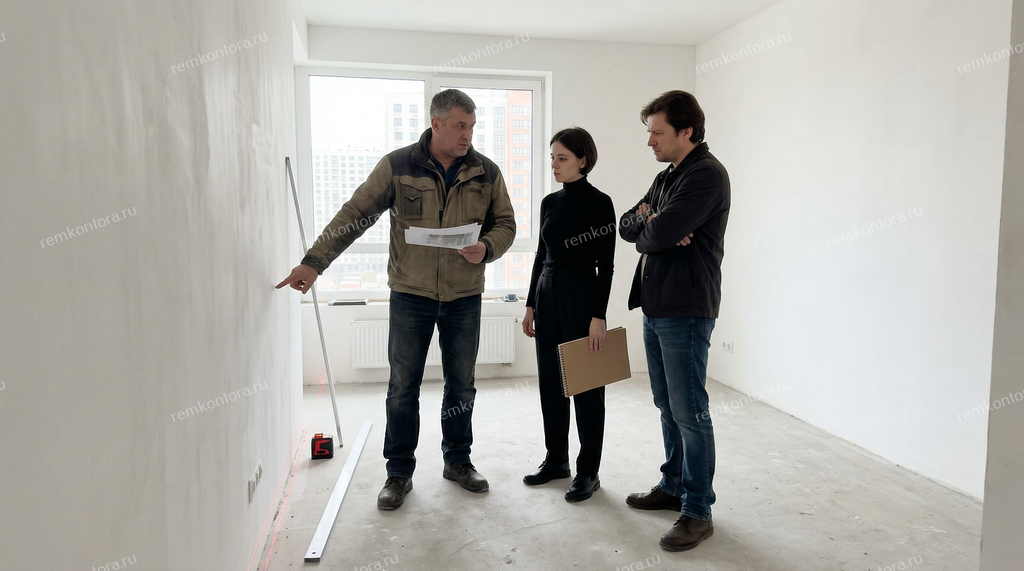 Прораб показывает дизайнеру и заказчику что штробить нишу для теневого плинтуса такие монолитные конструкции нельзя