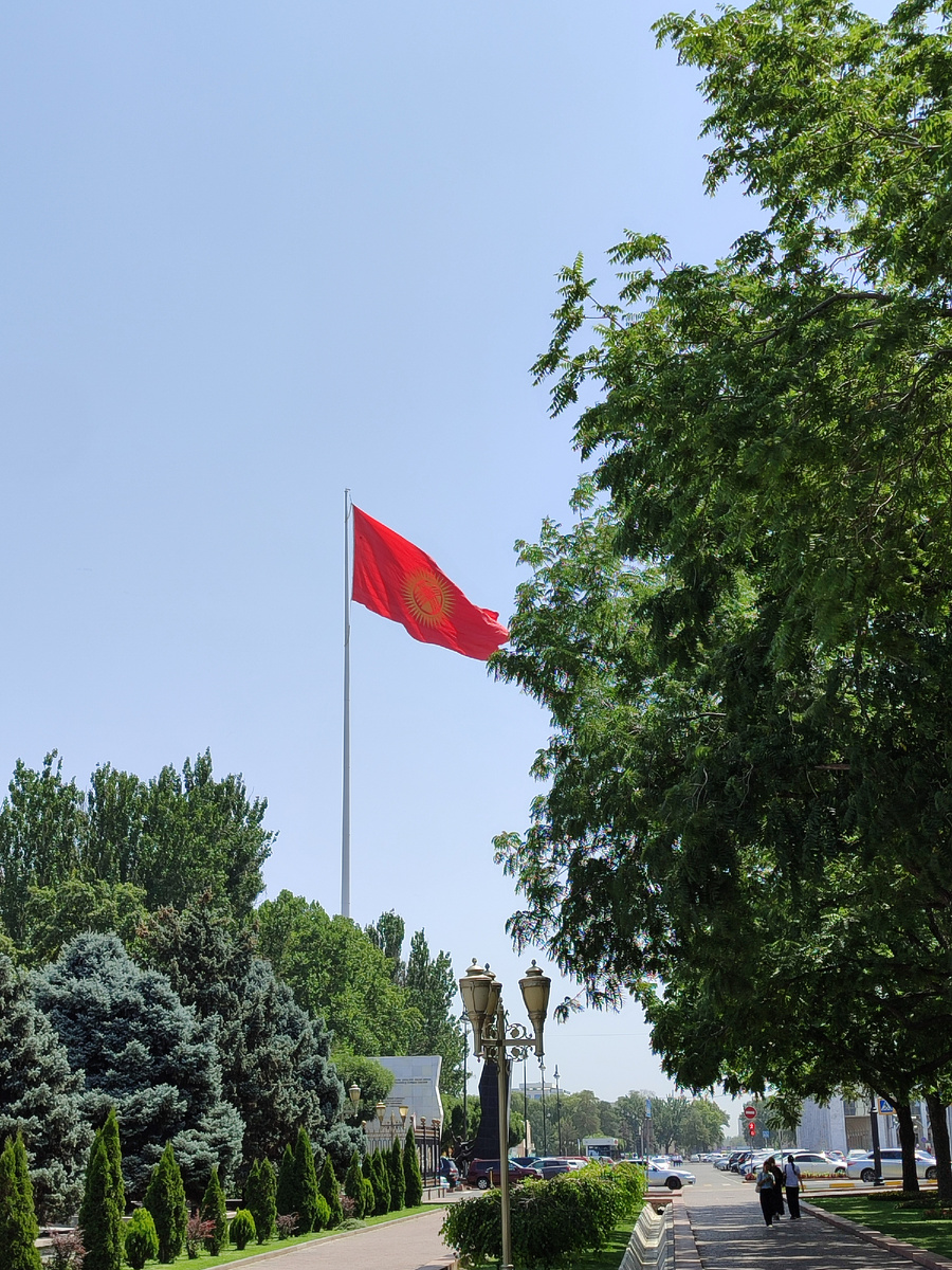 Вот такой красавец развевается над парком в центре столицы страны, где пишут на кириллице, а говорят на непонятном русским тюркском языке. 