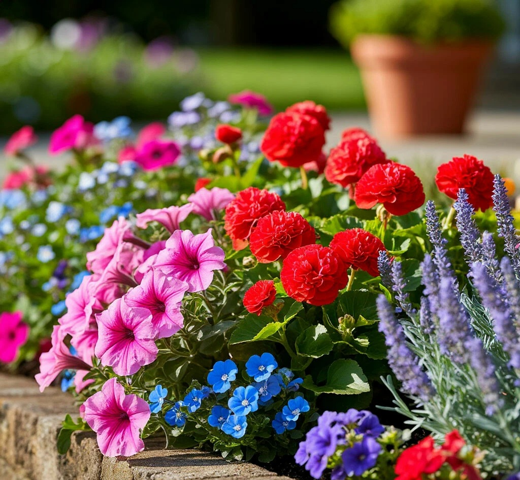 Фотография цветника в солнечный весенний день: пышная петуния с розовыми цветами стелется по краю клумбы, рядом — мелкие голубые цветки лобелии, в центре — ярко-красные цветы бегонии клубневой, а сбоку — серебристо-зелёная листва и фиолетовые соцветия лаванды.