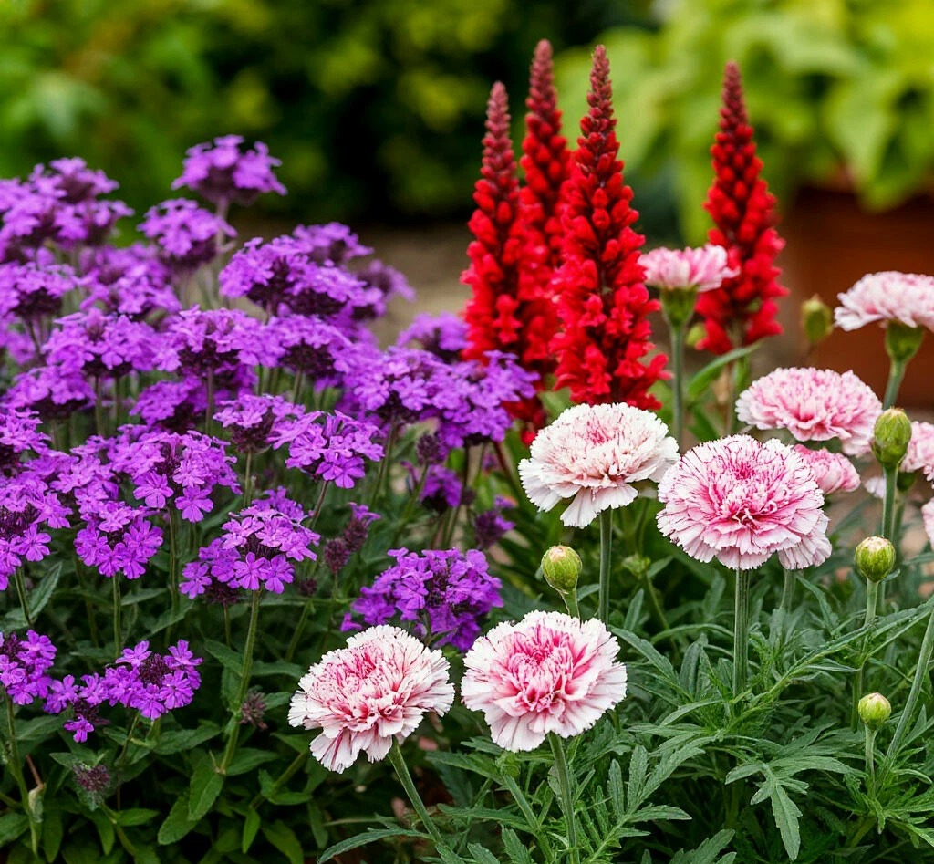 Фотография клумбы в начале лета: фиолетовая вербена с мелкими цветками образует пышный куст, рядом — ярко-красная сальвия с колосовидными соцветиями, а между ними — нежные махровые цветы гвоздики Шабо белого и розового оттенков.