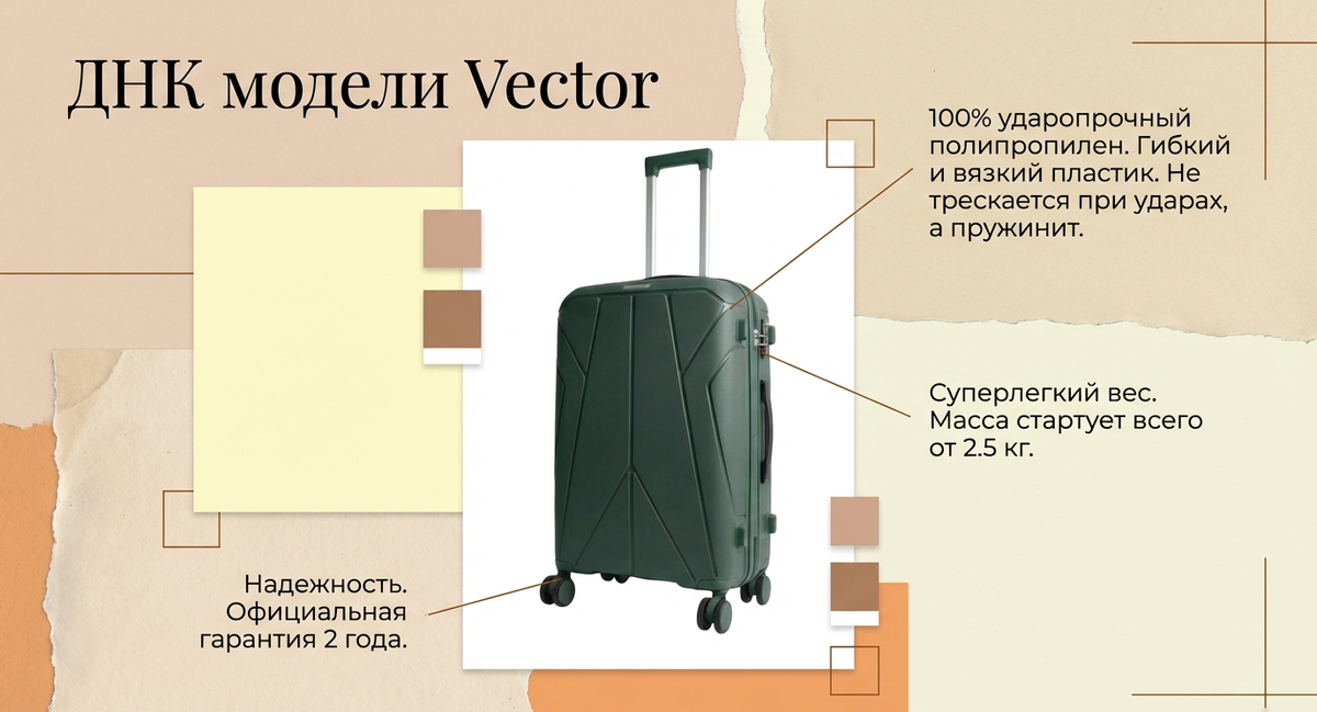 Инновационный материал: Корпус отлит из 100% ударопрочного полипропилена. В отличие от хрупкого пластика, он упруго пружинит при грубых ударах или падениях на багажной ленте, не трескается и моментально возвращает свою форму. За безопасность вещей отвечает надежный встроенный кодовый замок системы TSA.