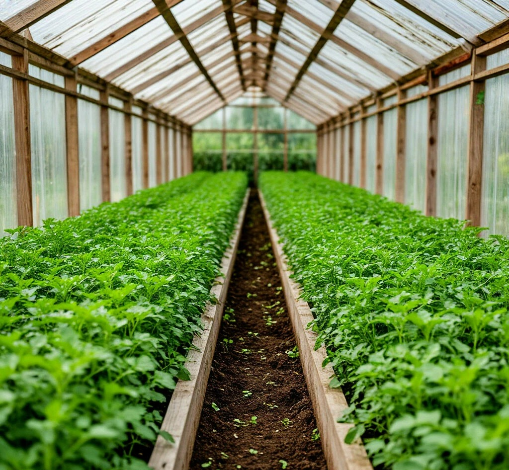 Небольшая теплица изнутри, состоящая из двух грядок, обшитых досками по периметру. На грядках густо растет горчица - сидерат.