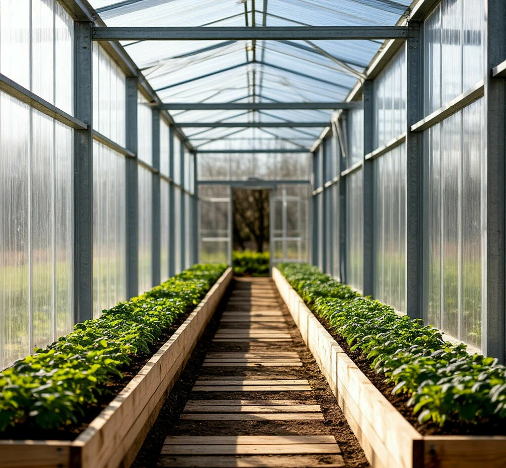 Теплица изнутри в солнечный мартовский день: чистые прозрачные стенки из поликарбоната