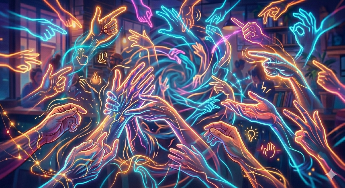 Массивы рук, пространная хаотичная невербалика...