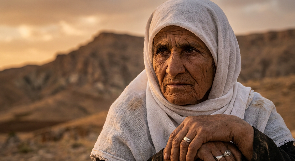 Она видела 73-й геноцид своими глазами. Её взгляд направлен на горизонт, где за пылью скрыт её дом, ставший линией фронта.