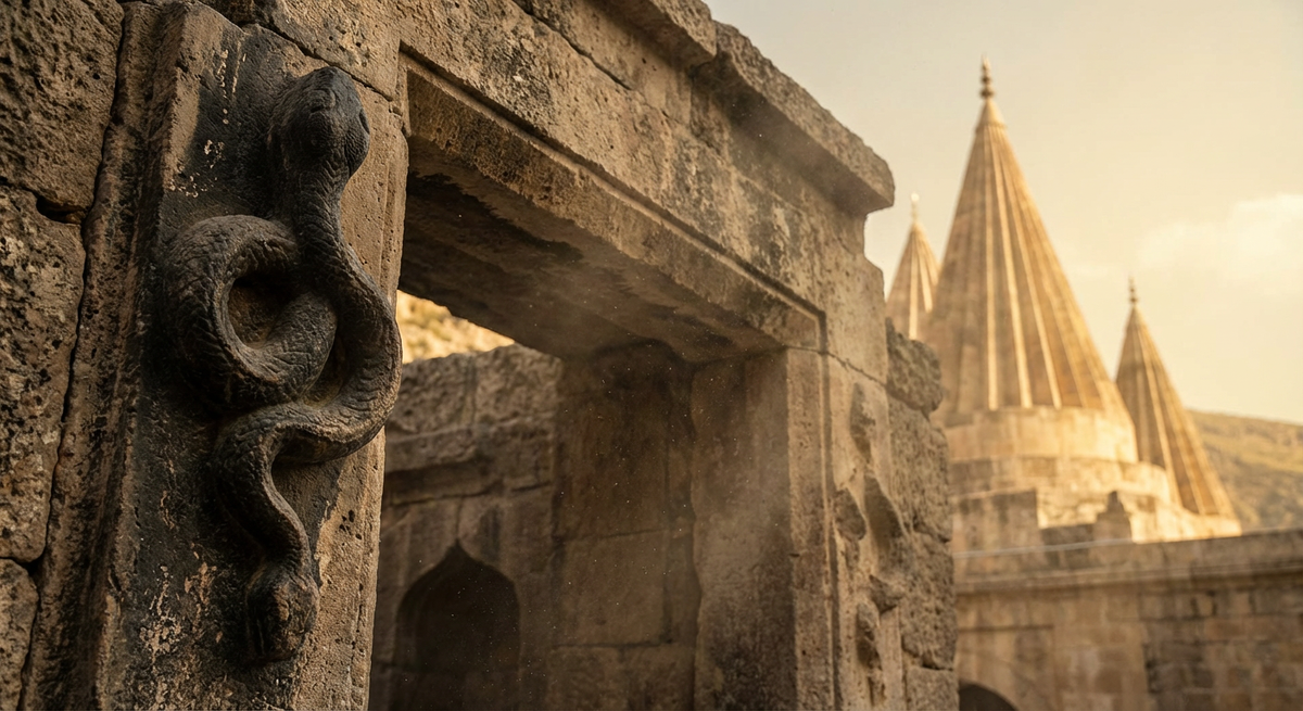 Древний барельеф змеи у входа в Лалиш. Для езидов это символ жизни, для их преследователей — повод для обвинений в ереси.