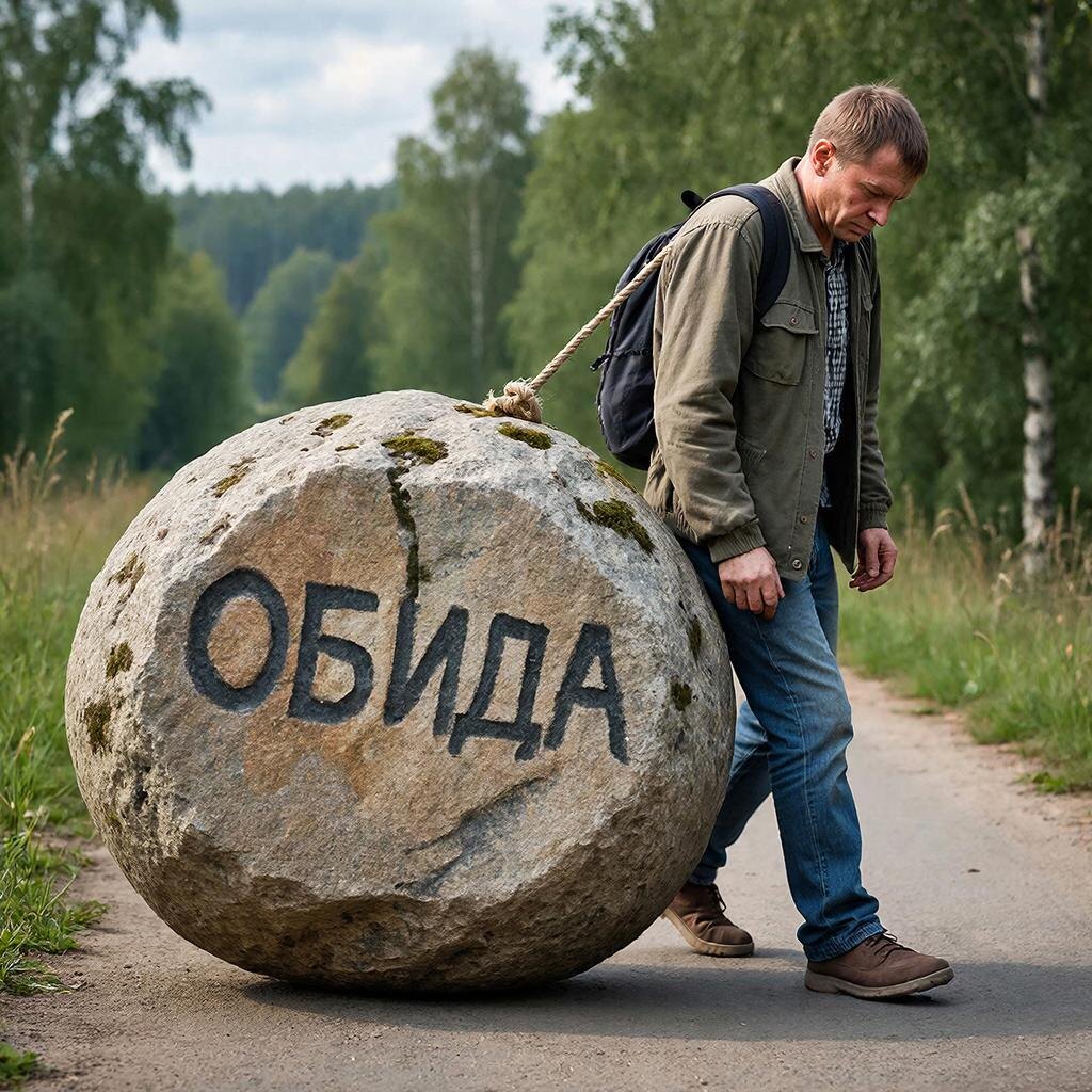 Человек идёт по красивой дороге, но даже не смотрит по сторонам — он занят своим камнем