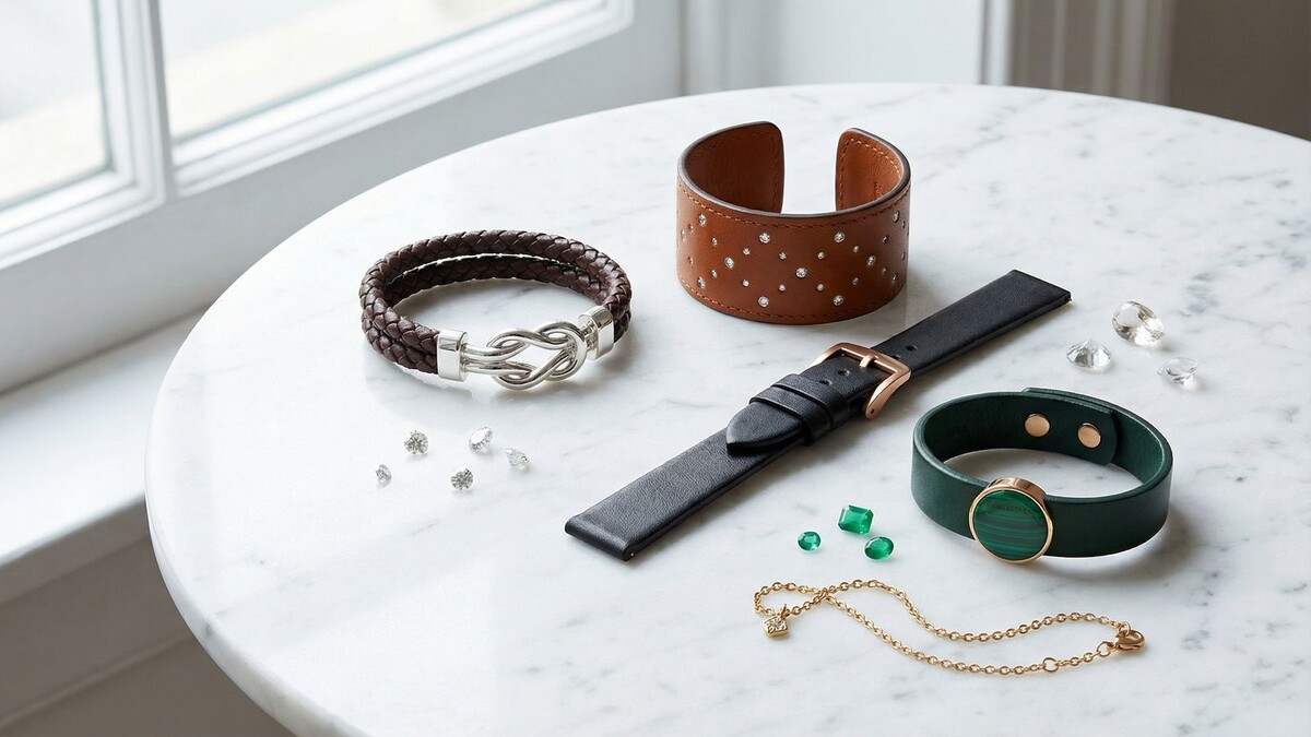 Разнообразие стилей в одной раскладке: плетеные модели, широкие манжеты с инкрустацией, тонкие ремешки с пряжкой — каждый найдет свой.