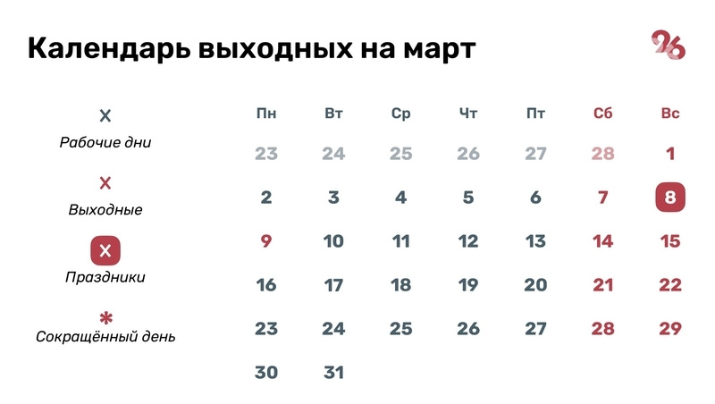    Календарь выходных в марте Фото: Антон Глушков / / ИА «Победа26»