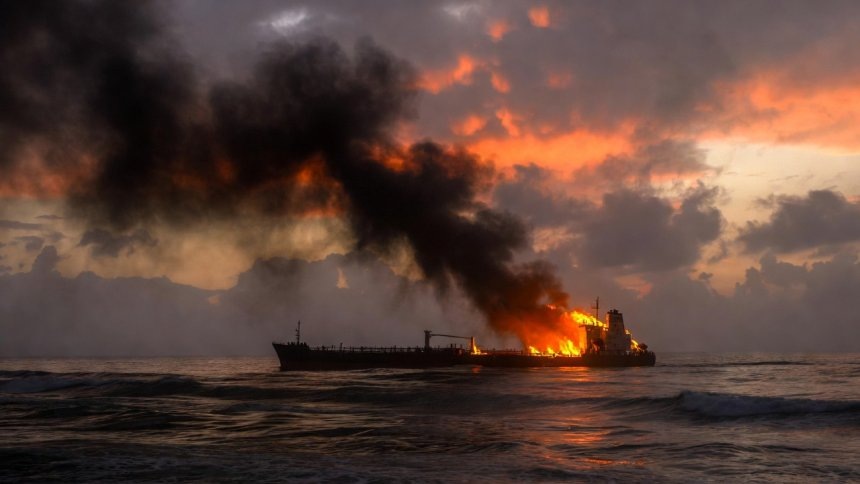 горящий танкер, вид с боку, абстракциясоздано с использованием ИИ