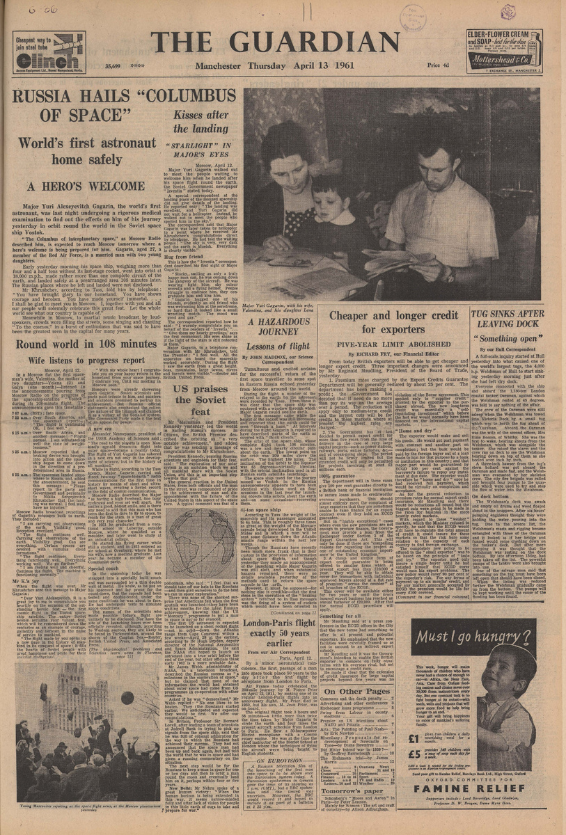 The Guardian. № 35699, стр. 1, 13 апреля 1961 года. Источник: https://expositions.nlr.ru/ve/RA4345/polet-gagarina#gallery-9