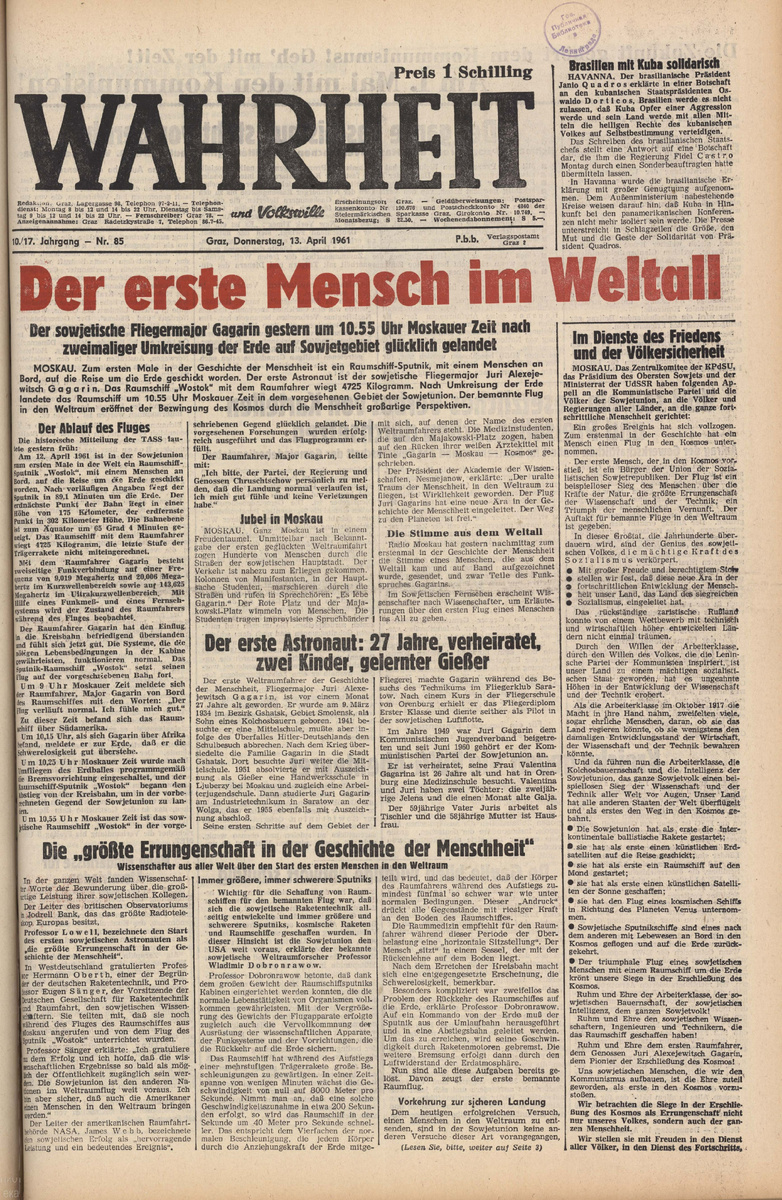 Wahrheit und Volkswille. № 85, стр. 1, 3. 13 апреля 1961 года. Источник: https://expositions.nlr.ru/ve/RA4345/polet-gagarina#gallery-1