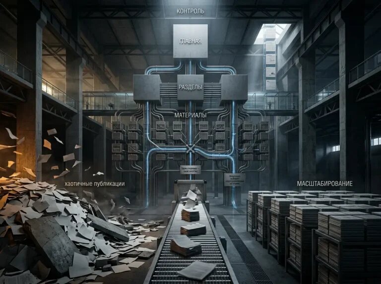    От хаоса публикаций к системной карте сайта: конвейер спрессовывает материалы и выстраивает рост через иерархию и связи. "Kontenium"