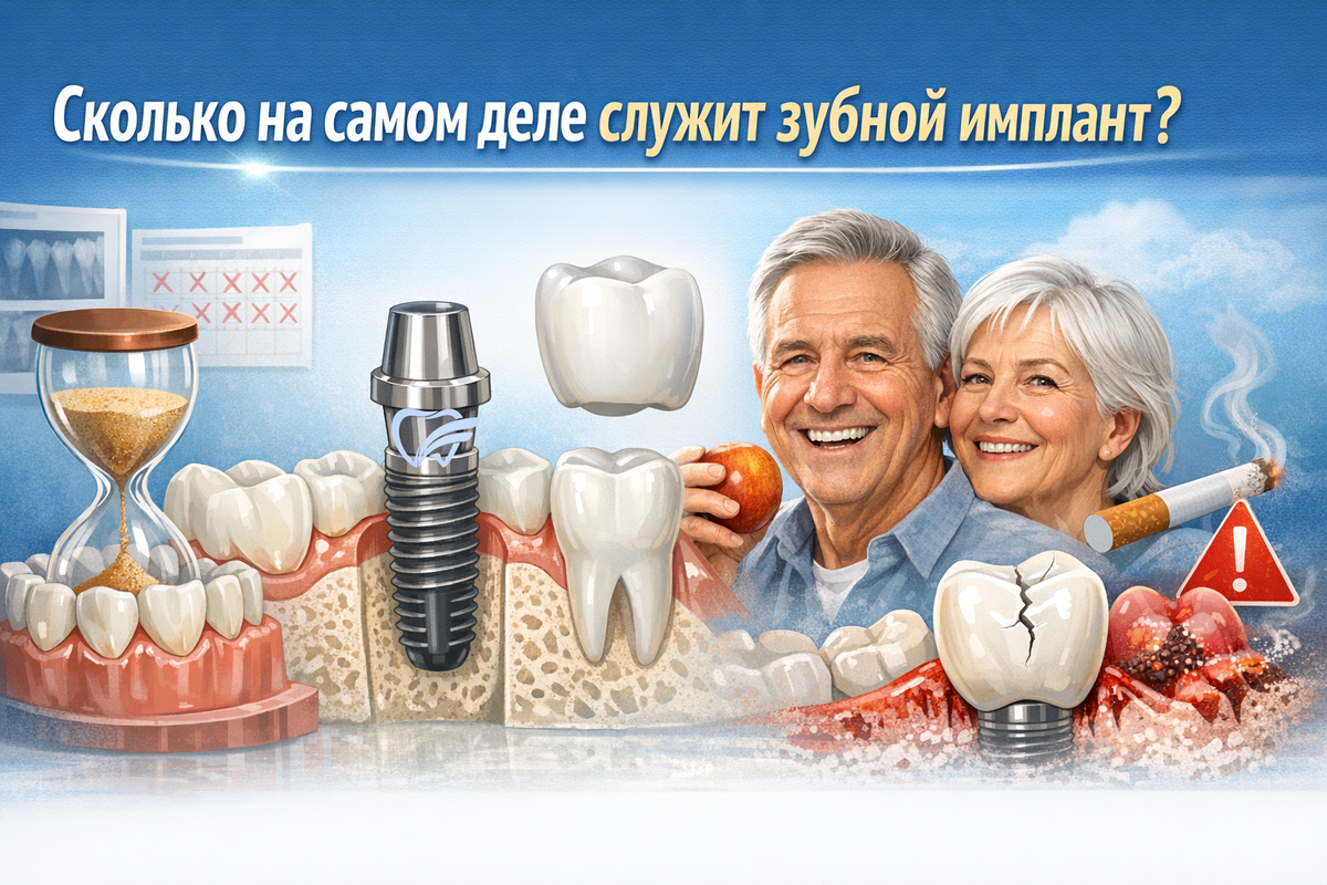 Иллюстрация показывает строение зубного импланта и факторы, влияющие на срок его службы: титановый стержень, абатмент и коронку, а также роль гигиены, нагрузки и образа жизни пациента. Инфографика наглядно объясняет, почему одни импланты служат десятилетиями, а другие требуют замены раньше.