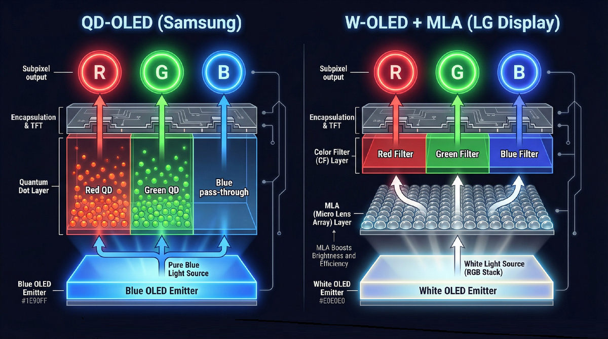 Схема, сравнивающая структуру пикселей QD-OLED и MLA OLED телевизоров.