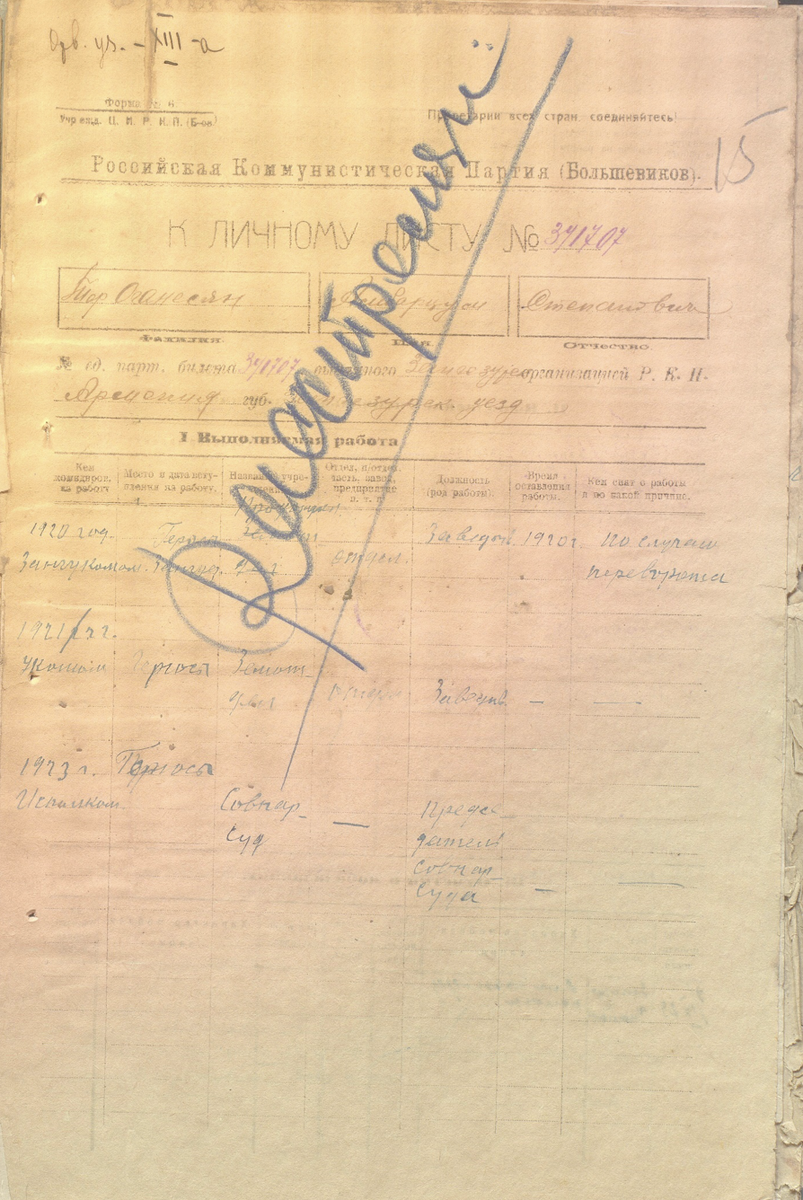 Учетный лист Тер-Оганесяна Амбарцума Степановича