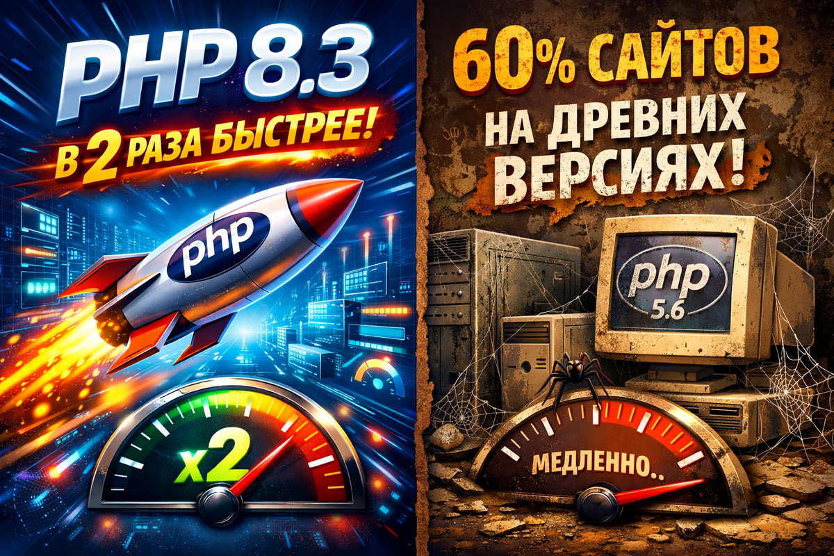 PHP 8.3 работает в 2 раза быстрее. Но 60% сайтов сидят на древних версиях
