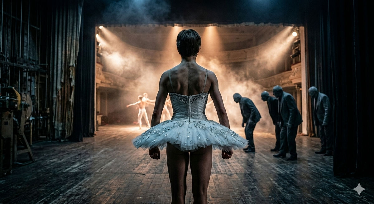 Атмосферный кадр балерины в кулисах, передающий напряжение между искусством и властью в советском театре.