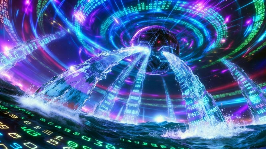 Вода, вытекающая из технологического шара, абстркация создано с использованием ИИ